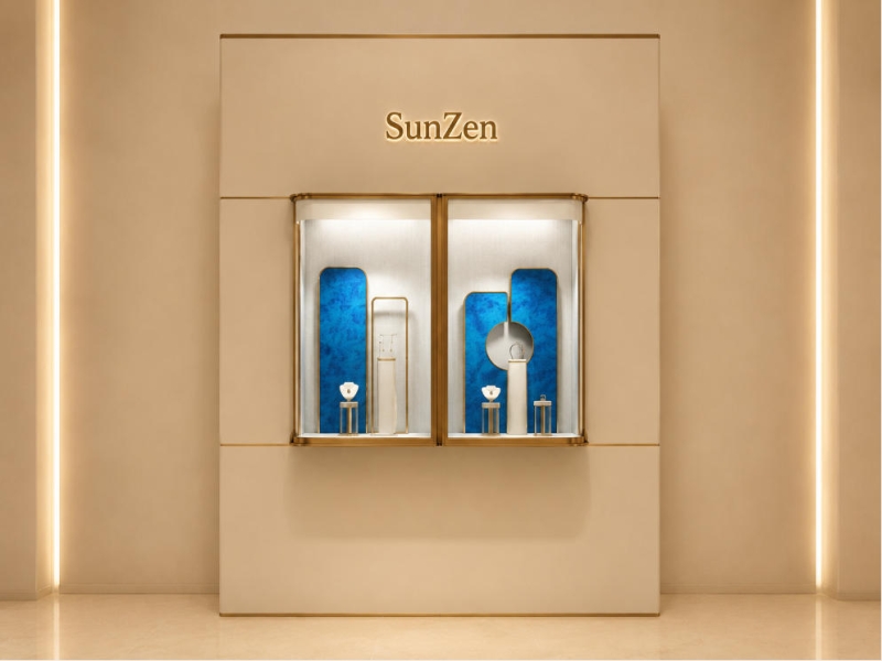 Dual Recess Niche Wall | Double Gold Frame Vitrine Blue Velvet Accent Panel Three Band Cream Wall Divided Gem Backdrop Unit
