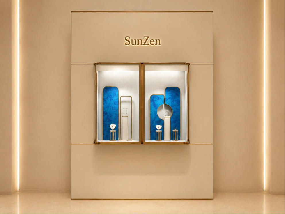 Dual Recess Niche Wall | Double Gold Frame Vitrine Blue Velvet Accent Panel Three Band Cream Wall Divided Gem Backdrop Unit 1 Dual Recess Niche Wall | Double Gold Frame Vitrine Blue Velvet Accent Panel Three Band Cream Wall Divided Gem Backdrop Unit