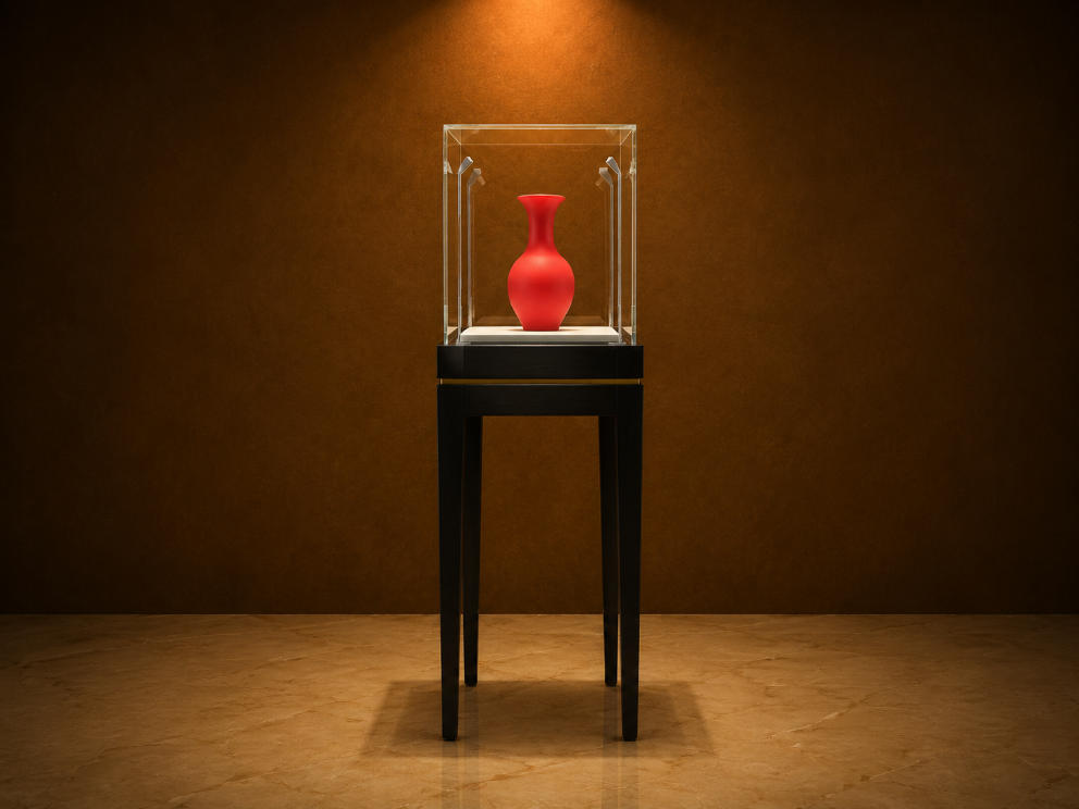 Four Leg Vitrine | Gold Trim Jewel Booth Slender Black Tall Case Mini Cube Glass Unit Red Vase Relic Cabinet 1 Four Leg Vitrine | Gold Trim Jewel Booth Slender Black Tall Case Mini Cube Glass Unit Red Vase Relic Cabinet
