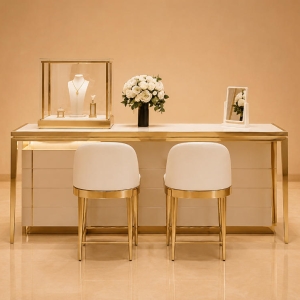 Gold Consultation Counter | Built-In Side Cabinet Match Gold Stool Set Tabletop Mini Vitrine Jewelry Client Booth 2 Gold Consultation Counter | Built-In Side Cabinet Match Gold Stool Set Tabletop Mini Vitrine Jewelry Client Booth