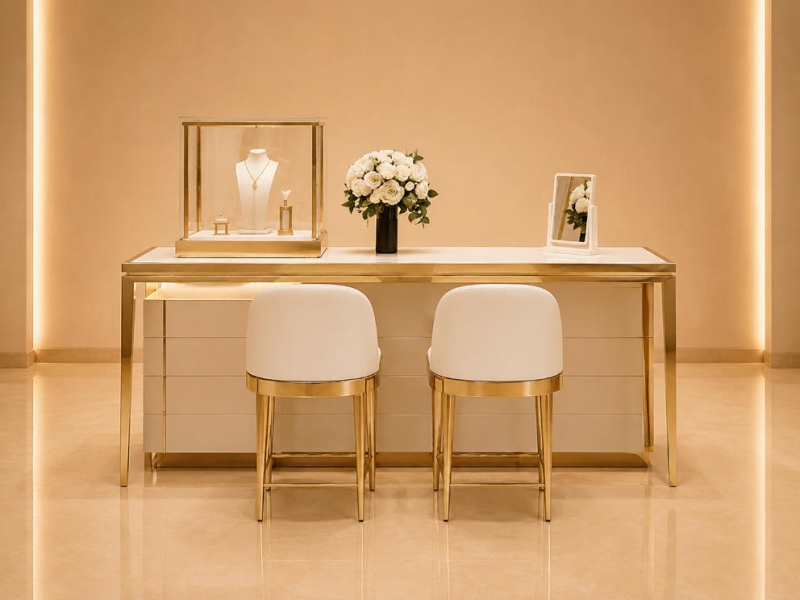 Gold Consultation Counter | Built-In Side Cabinet Match Gold Stool Set Tabletop Mini Vitrine Jewelry Client Booth