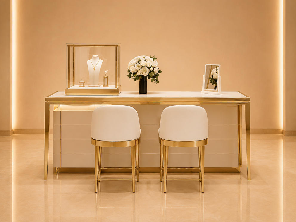Gold Consultation Counter | Built-In Side Cabinet Match Gold Stool Set Tabletop Mini Vitrine Jewelry Client Booth 1 Gold Consultation Counter | Built-In Side Cabinet Match Gold Stool Set Tabletop Mini Vitrine Jewelry Client Booth