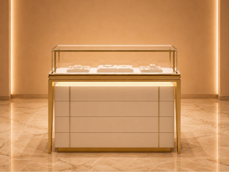 Gold Frame Jewelry Vitrine | Drawer Base Retail Booth Rectangle Glass Top Case Under Cabinet Light Unit Luxury Gem Display Cabinet