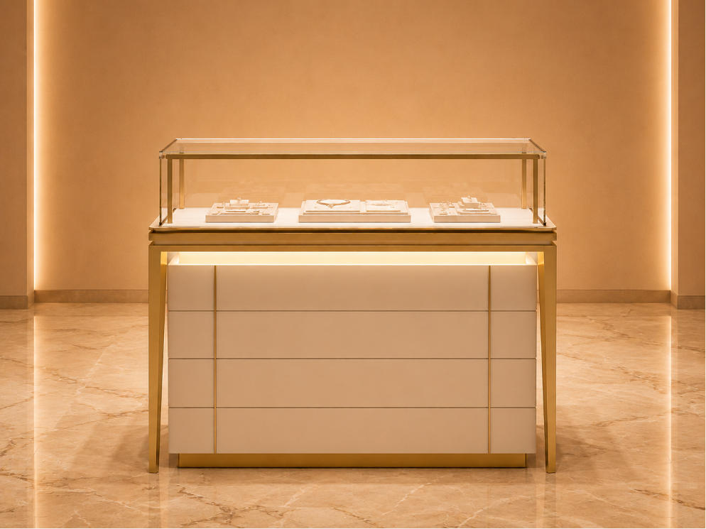 Gold Frame Jewelry Vitrine | Drawer Base Retail Booth Rectangle Glass Top Case Under Cabinet Light Unit Luxury Gem Display Cabinet 1 Gold Frame Jewelry Vitrine | Drawer Base Retail Booth Rectangle Glass Top Case Under Cabinet Light Unit Luxury Gem Display Cabinet