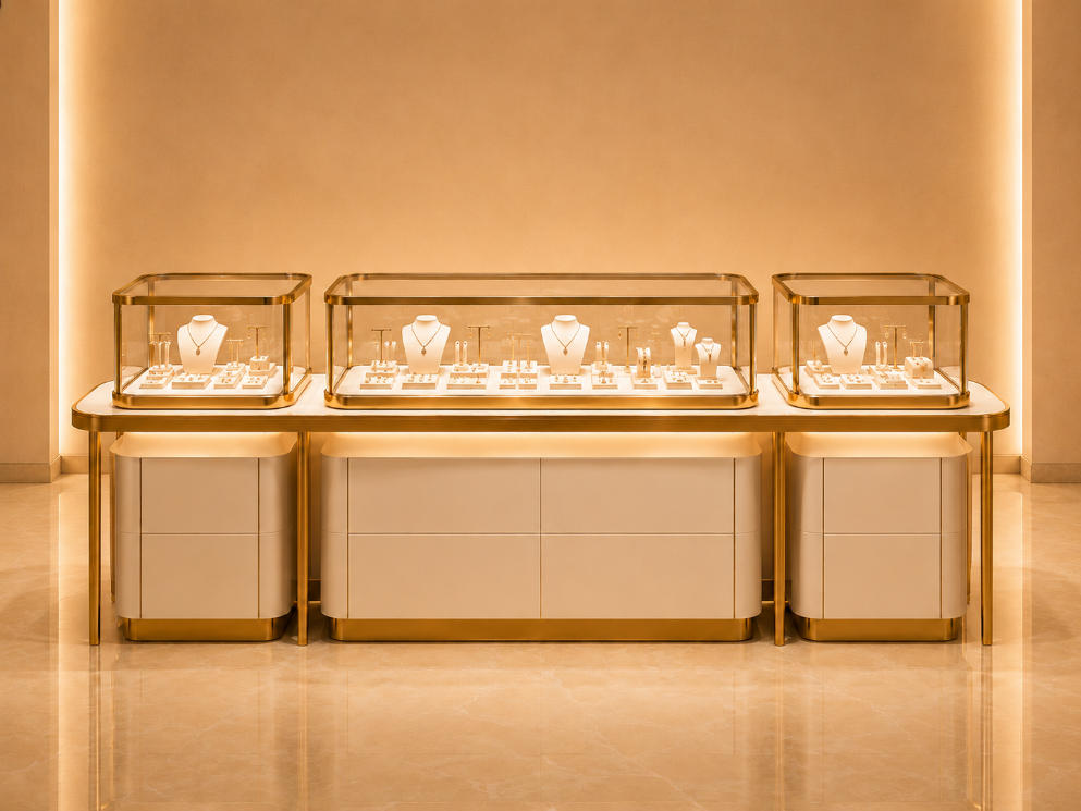 Gold Jewelry Glass Counter | Luxury Retail Display Kiosk - Sunzen 1 Gold Jewelry Glass Counter | Luxury Retail Display Kiosk - Sunzen