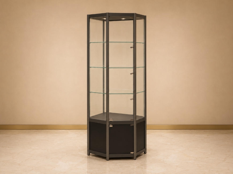 Hex Multi-Layer Jewelry Corner Showcase | Black Frame Tall Corner Glass Cabinet - SUNZEN