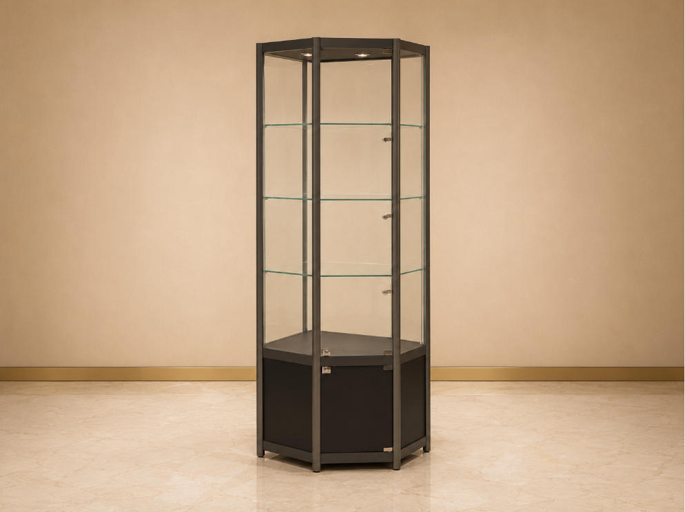 Hex Multi-Layer Jewelry Corner Showcase | Black Frame Tall Corner Glass Cabinet - SUNZEN 1 Hex Multi-Layer Jewelry Corner Showcase | Black Frame Tall Corner Glass Cabinet - SUNZEN
