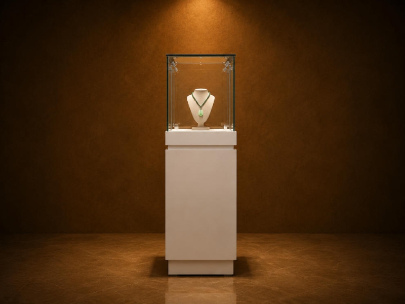Jade Pendant Vitrine | Mini Square Jewel Booth Tall Slim Pedestal Case Spot Light Jewelry Unit Gem Artifact Display Cabinet