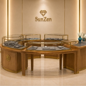 Jewelry C-Shape Curved Island Counter | Natural Wood Multi Arc Glass Retail Display Table – Sunzen 2 Jewelry C-Shape Curved Island Counter | Natural Wood Multi Arc Glass Retail Display Table – Sunzen