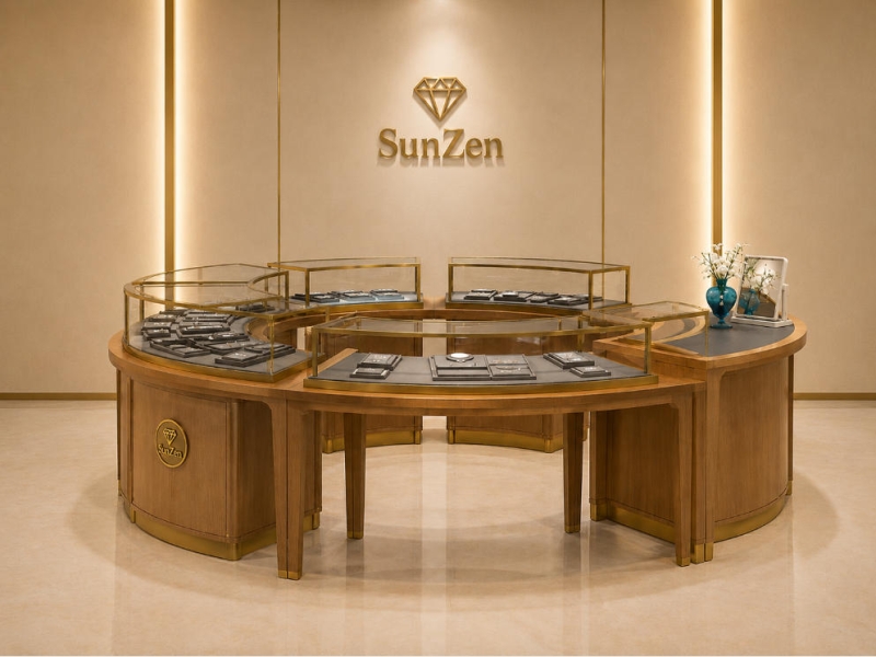 Jewelry C-Shape Curved Island Counter | Natural Wood Multi Arc Glass Retail Display Table – Sunzen