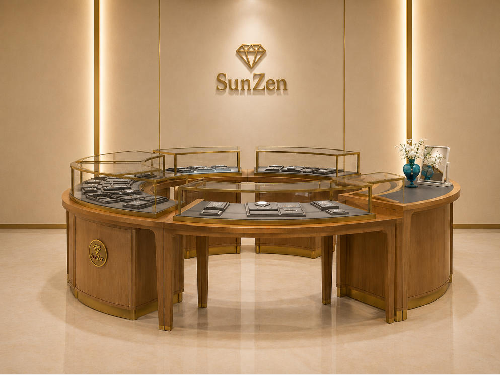 Jewelry C-Shape Curved Island Counter | Natural Wood Multi Arc Glass Retail Display Table – Sunzen 1 Jewelry C-Shape Curved Island Counter | Natural Wood Multi Arc Glass Retail Display Table – Sunzen