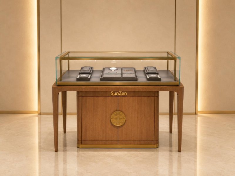 Jewelry Chinese Style Wood Display Counter Rectangle Gold Frame Glass Jade Jewelry Showcase – Sunzen