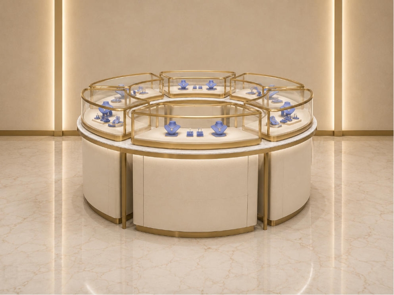 Jewelry Circular Modular Display Island | Gold Frame Five-segment Arc Marble Top Showcase - SUNZEN
