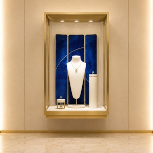 Jewelry Cube Display Cabinet | Gold Frame Blue Backdrop Vertical Showcase - SUNZEN 2 Jewelry Cube Display Cabinet | Gold Frame Blue Backdrop Vertical Showcase - SUNZEN
