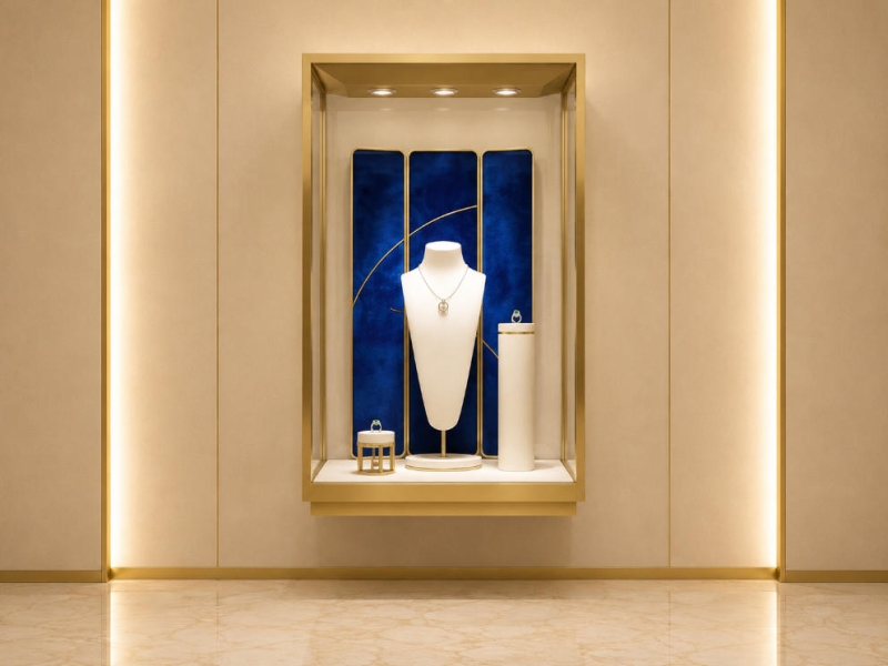 Jewelry Cube Display Cabinet | Gold Frame Blue Backdrop Vertical Showcase - SUNZEN