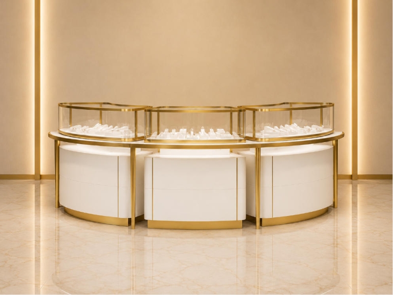 Jewelry Curved Combined Display Island | Gold Frame Three-unit Arc Modular Showcase - SUNZEN