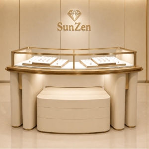 Jewelry Curved Island Counter | Cream Gold Frame Glass Display Table – Sunzen 2 Jewelry Curved Island Counter | Cream Gold Frame Glass Display Table – Sunzen