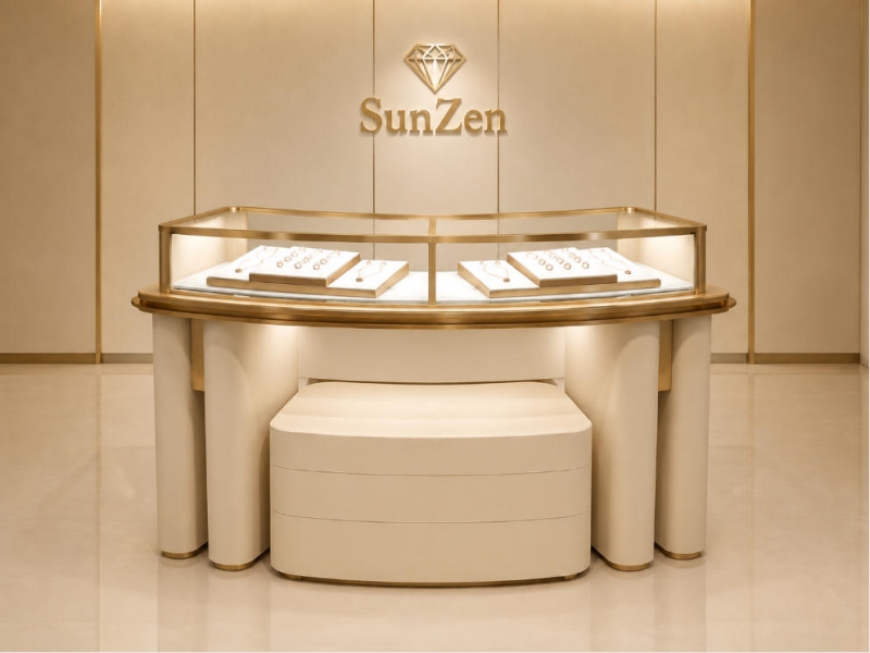 Jewelry Curved Island Counter | Cream Gold Frame Glass Display Table – Sunzen