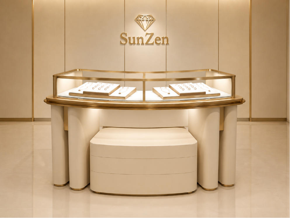Jewelry Curved Island Counter | Cream Gold Frame Glass Display Table – Sunzen 1 Jewelry Curved Island Counter | Cream Gold Frame Glass Display Table – Sunzen