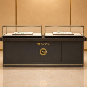 Jewelry Dark Wood Dual Glass Jade Display Counter | Carved Brass Emblem Oriental Central Showcase – Sunzen