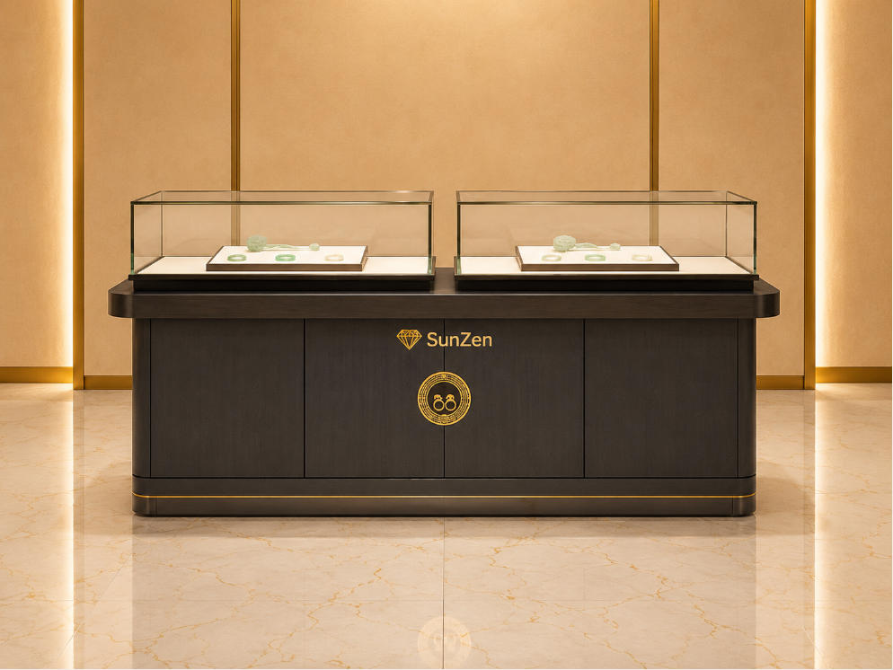 Jewelry Dark Wood Dual Glass Jade Display Counter | Carved Brass Emblem Oriental Central Showcase – Sunzen