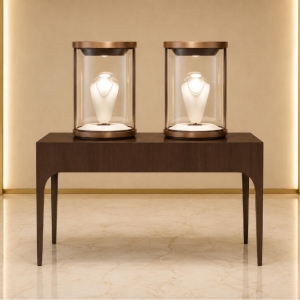 Jewelry Dual Cylinder Display Table | Dark Wood Curved Leg Two Tall Glass Dome Showcase - SUNZEN