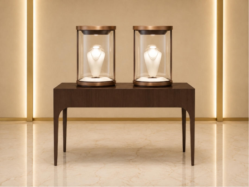 Jewelry Dual Cylinder Display Table | Dark Wood Curved Leg Two Tall Glass Dome Showcase - SUNZEN