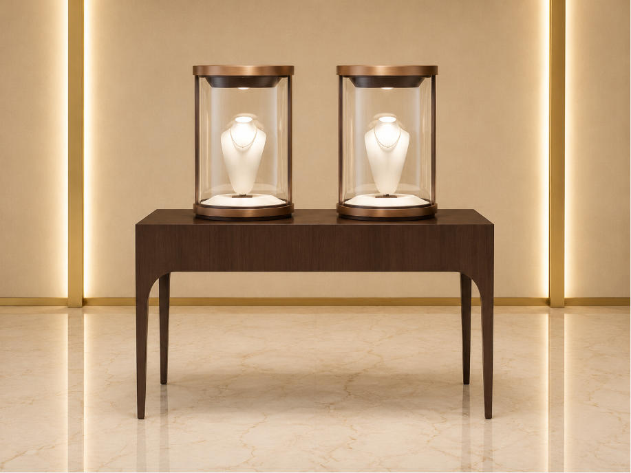 Jewelry Dual Cylinder Display Table | Dark Wood Curved Leg Two Tall Glass Dome Showcase - SUNZEN