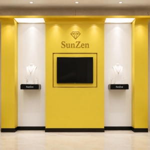 Jewelry Dual Niche Gold Accent Display Wall | Central Screen Brand Backdrop – Sunzen 2 Jewelry Dual Niche Gold Accent Display Wall | Central Screen Brand Backdrop – Sunzen