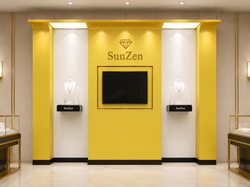 Jewelry Dual Niche Gold Accent Display Wall | Central Screen Brand Backdrop – Sunzen