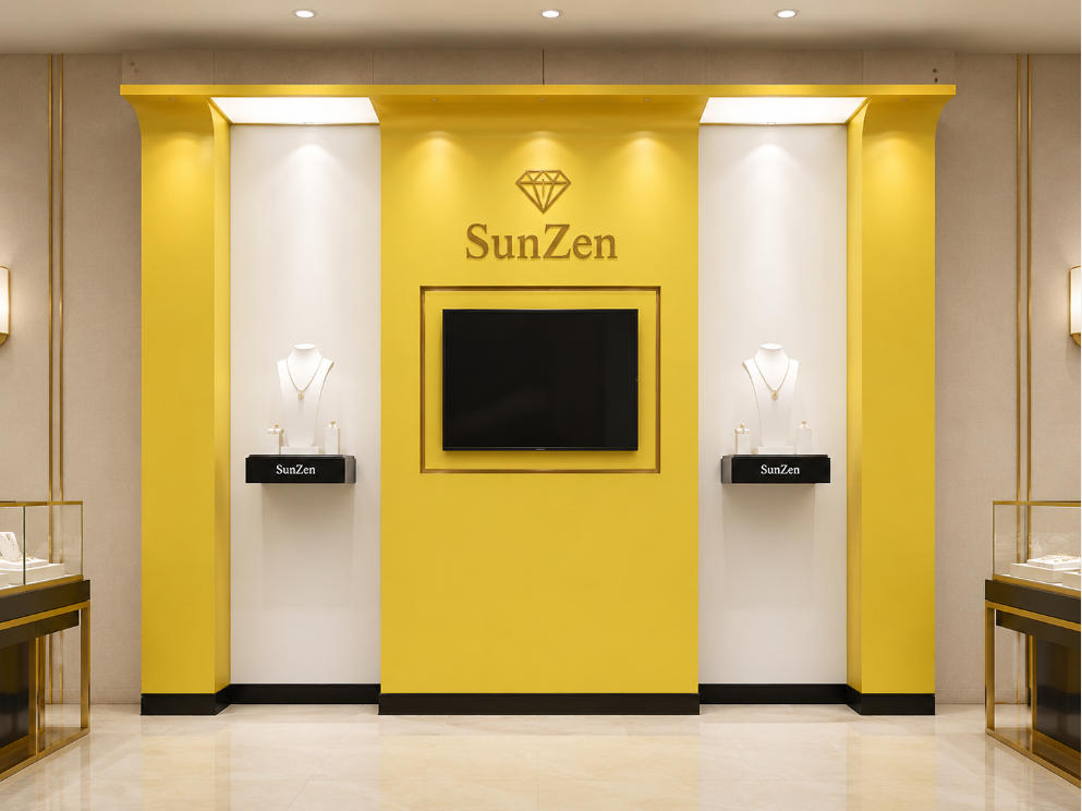 Jewelry Dual Niche Gold Accent Display Wall | Central Screen Brand Backdrop – Sunzen 1 Jewelry Dual Niche Gold Accent Display Wall | Central Screen Brand Backdrop – Sunzen