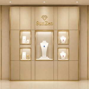 Jewelry Fabric Wall Cabinet | Beige Gold Trim Five Niche Brand Display Backdrop – Sunzen 2 Jewelry Fabric Wall Cabinet | Beige Gold Trim Five Niche Brand Display Backdrop – Sunzen