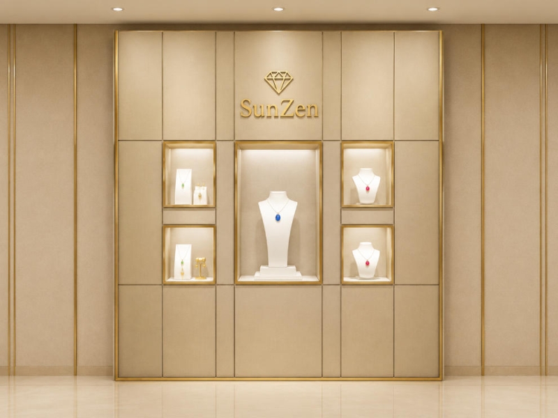 Jewelry Fabric Wall Cabinet | Beige Gold Trim Five Niche Brand Display Backdrop – Sunzen