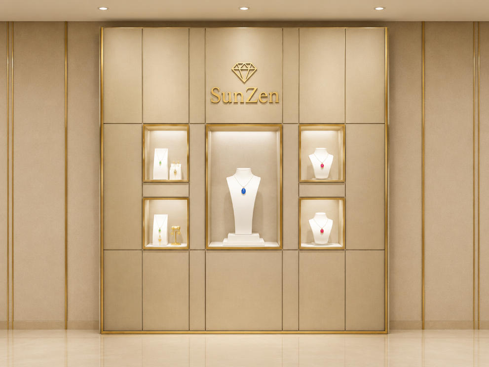 Jewelry Fabric Wall Cabinet | Beige Gold Trim Five Niche Brand Display Backdrop – Sunzen 1 Jewelry Fabric Wall Cabinet | Beige Gold Trim Five Niche Brand Display Backdrop – Sunzen