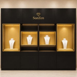 Jewelry Four Compartment Black Wall Cabinet | Wood Lining Gold Frame Display Wall – Sunzen 2 Jewelry Four Compartment Black Wall Cabinet | Wood Lining Gold Frame Display Wall – Sunzen