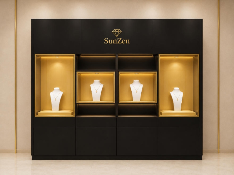 Jewelry Four Compartment Black Wall Cabinet | Wood Lining Gold Frame Display Wall – Sunzen