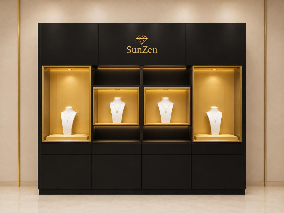 Jewelry Four Compartment Black Wall Cabinet | Wood Lining Gold Frame Display Wall – Sunzen 1 Jewelry Four Compartment Black Wall Cabinet | Wood Lining Gold Frame Display Wall – Sunzen