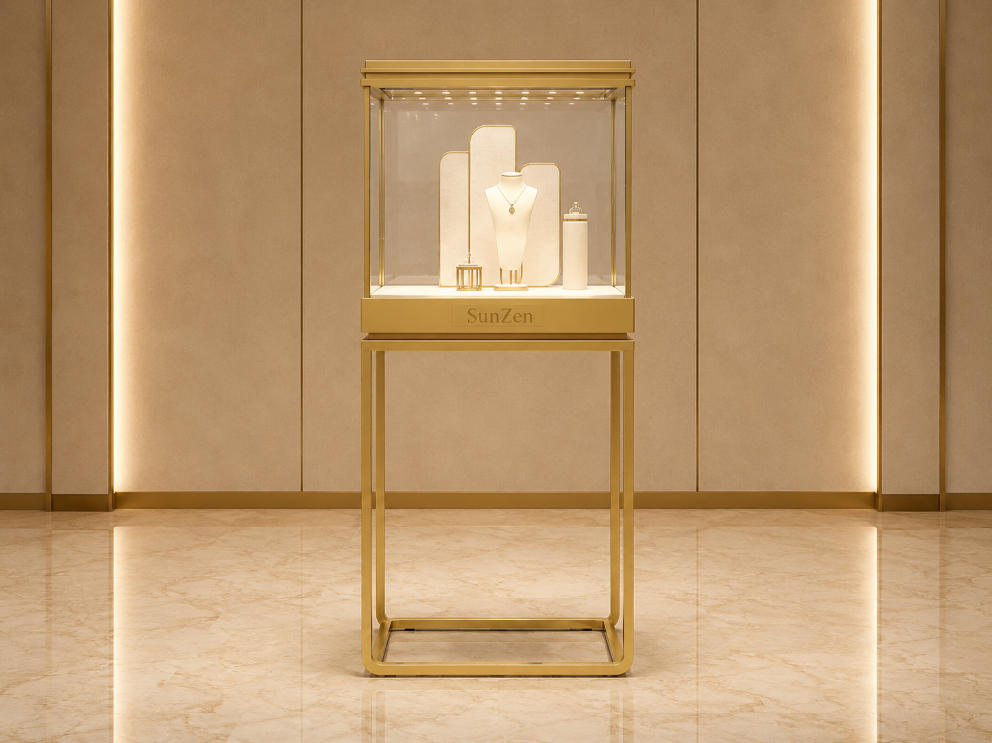 Jewelry Full Gold Cube Pedestal Display Tower | Light Metal Vertical Showcase – Sunzen 1 Jewelry Full Gold Cube Pedestal Display Tower | Light Metal Vertical Showcase – Sunzen