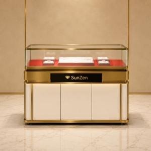 Jewelry Gold Trim Rectangular Display Counter | Red Velvet Liner Lift-Off Glass Showcase – Sunzen