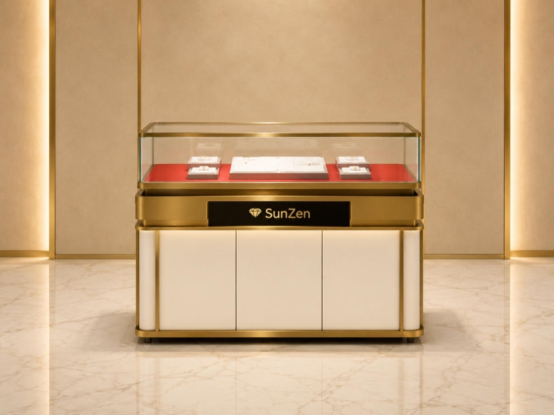 Jewelry Gold Trim Rectangular Display Counter | Red Velvet Liner Lift-Off Glass Showcase – Sunzen