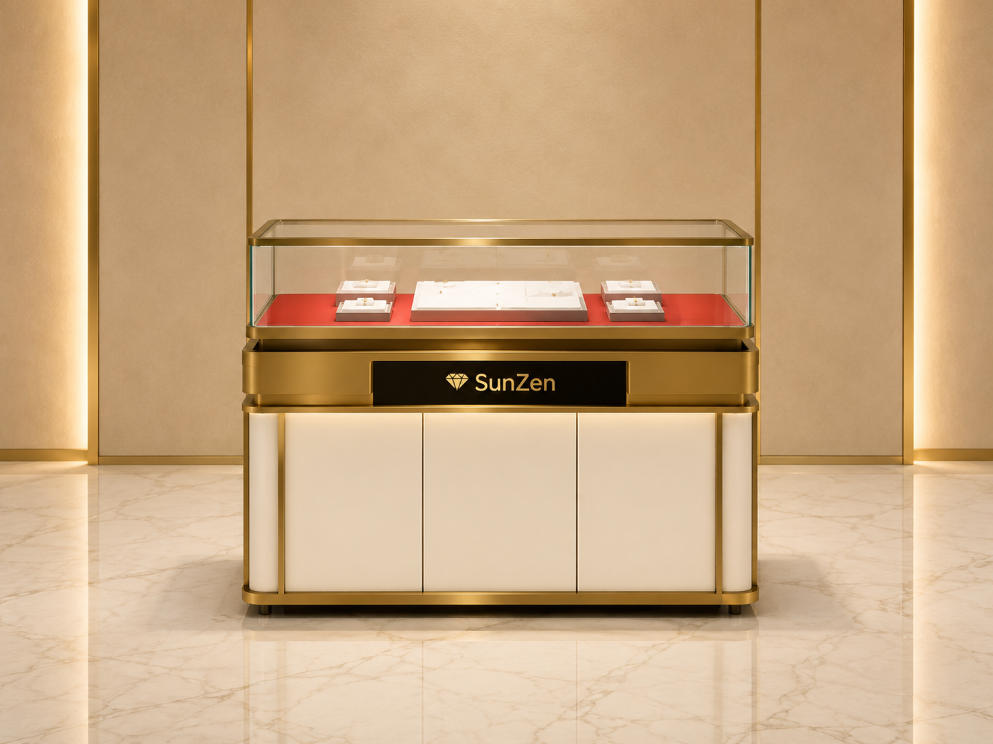 Jewelry Gold Trim Rectangular Display Counter | Red Velvet Liner Lift-Off Glass Showcase – Sunzen