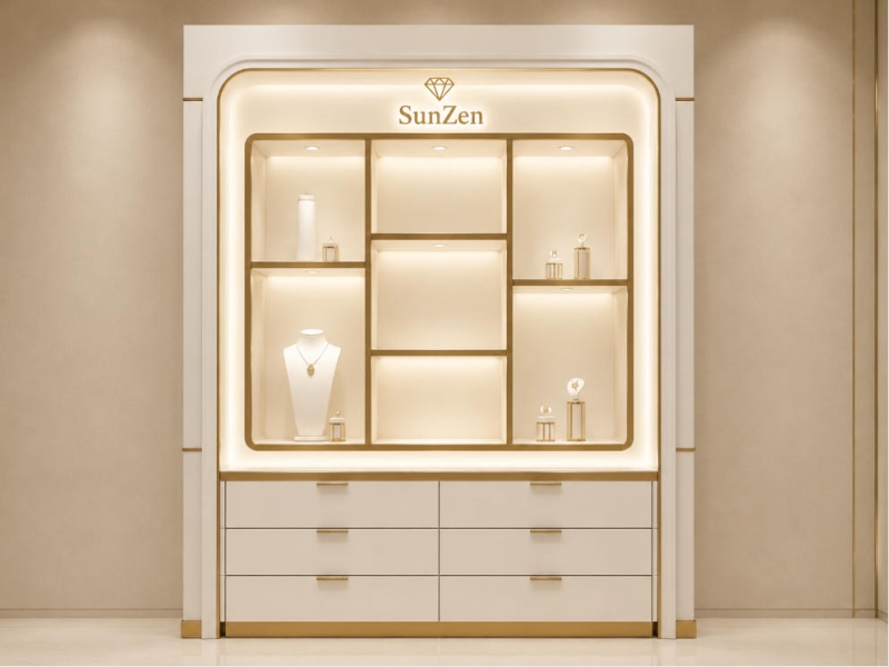 Jewelry Grid Wall Cabinet | White Curved Gold Trim Multi-Drawer Display Unit – Sunzen