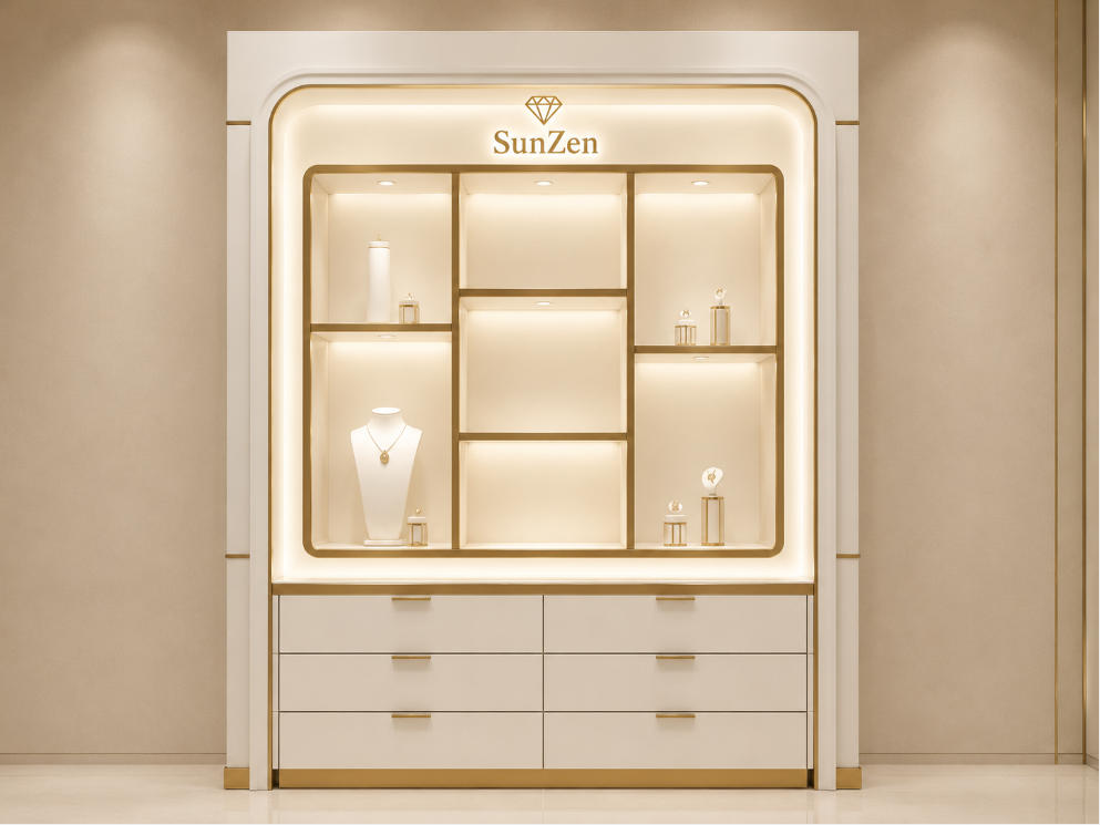 Jewelry Grid Wall Cabinet | White Curved Gold Trim Multi-Drawer Display Unit – Sunzen 1 Jewelry Grid Wall Cabinet | White Curved Gold Trim Multi-Drawer Display Unit – Sunzen
