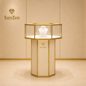 Jewelry Hexagon Pedestal Showcase | Light Wood Gold Frame Tall Display Tower – Sunzen 2 Jewelry Hexagon Pedestal Showcase | Light Wood Gold Frame Tall Display Tower – Sunzen