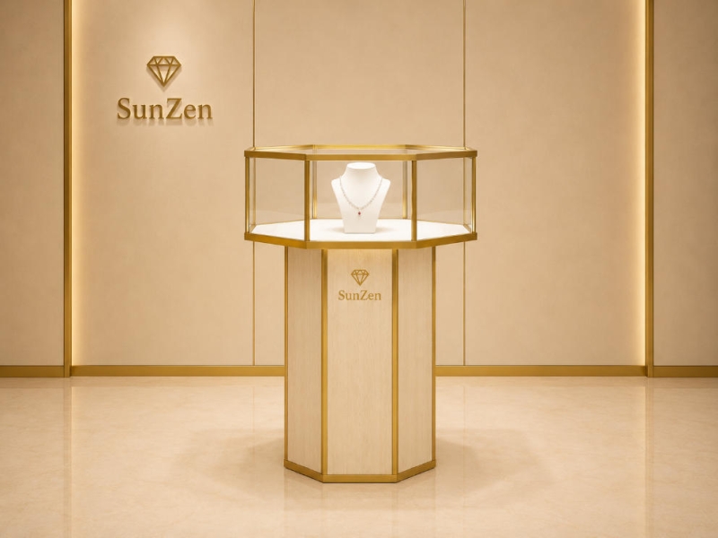 Jewelry Hexagon Pedestal Showcase | Light Wood Gold Frame Tall Display Tower – Sunzen