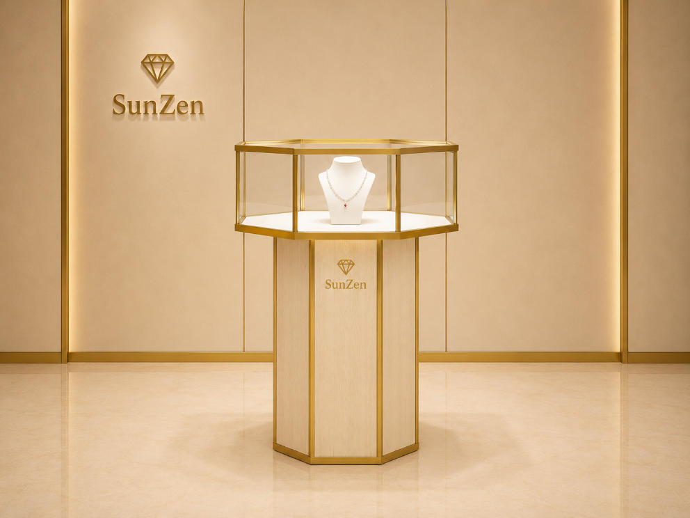 Jewelry Hexagon Pedestal Showcase | Light Wood Gold Frame Tall Display Tower – Sunzen 1 Jewelry Hexagon Pedestal Showcase | Light Wood Gold Frame Tall Display Tower – Sunzen