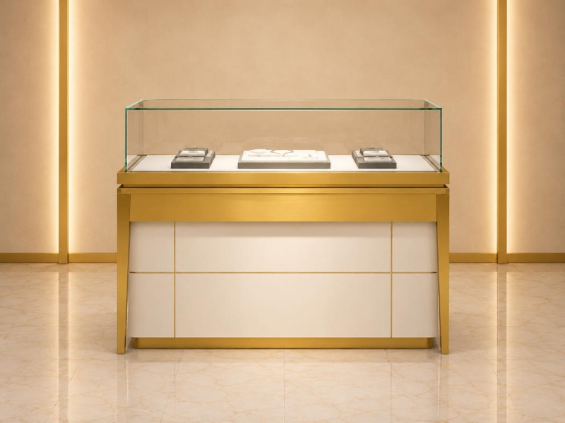 Jewelry Horizontal Display Counter | Gold Frame White Drawer Base Long Glass Showcase - SUNZEN