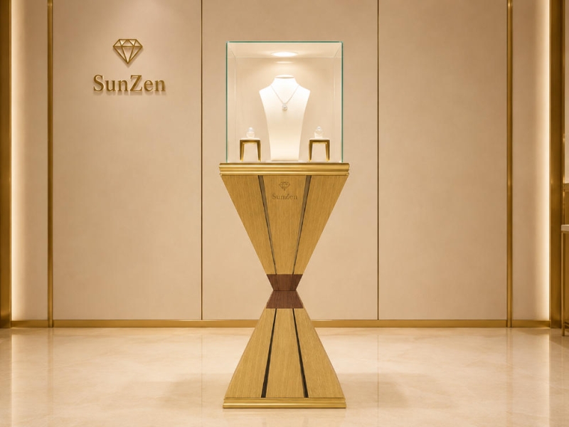 Jewelry Hourglass Pedestal Stand | Gold Wood Square Glass Display Tower – Sunzen