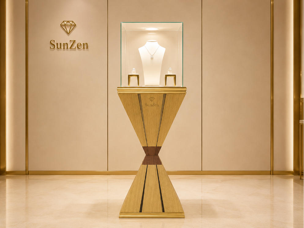 Jewelry Hourglass Pedestal Stand | Gold Wood Square Glass Display Tower – Sunzen 1 Jewelry Hourglass Pedestal Stand | Gold Wood Square Glass Display Tower – Sunzen