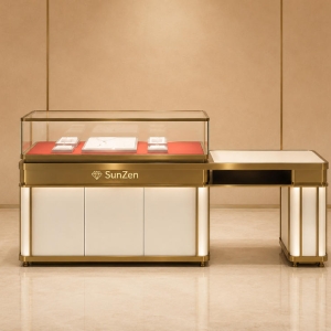 Jewelry L-Shaped Split Display Counter | White Gold Frame Red Liner Dual Zone Retail Showcase – Sunzen 2 Jewelry L-Shaped Split Display Counter | White Gold Frame Red Liner Dual Zone Retail Showcase – Sunzen